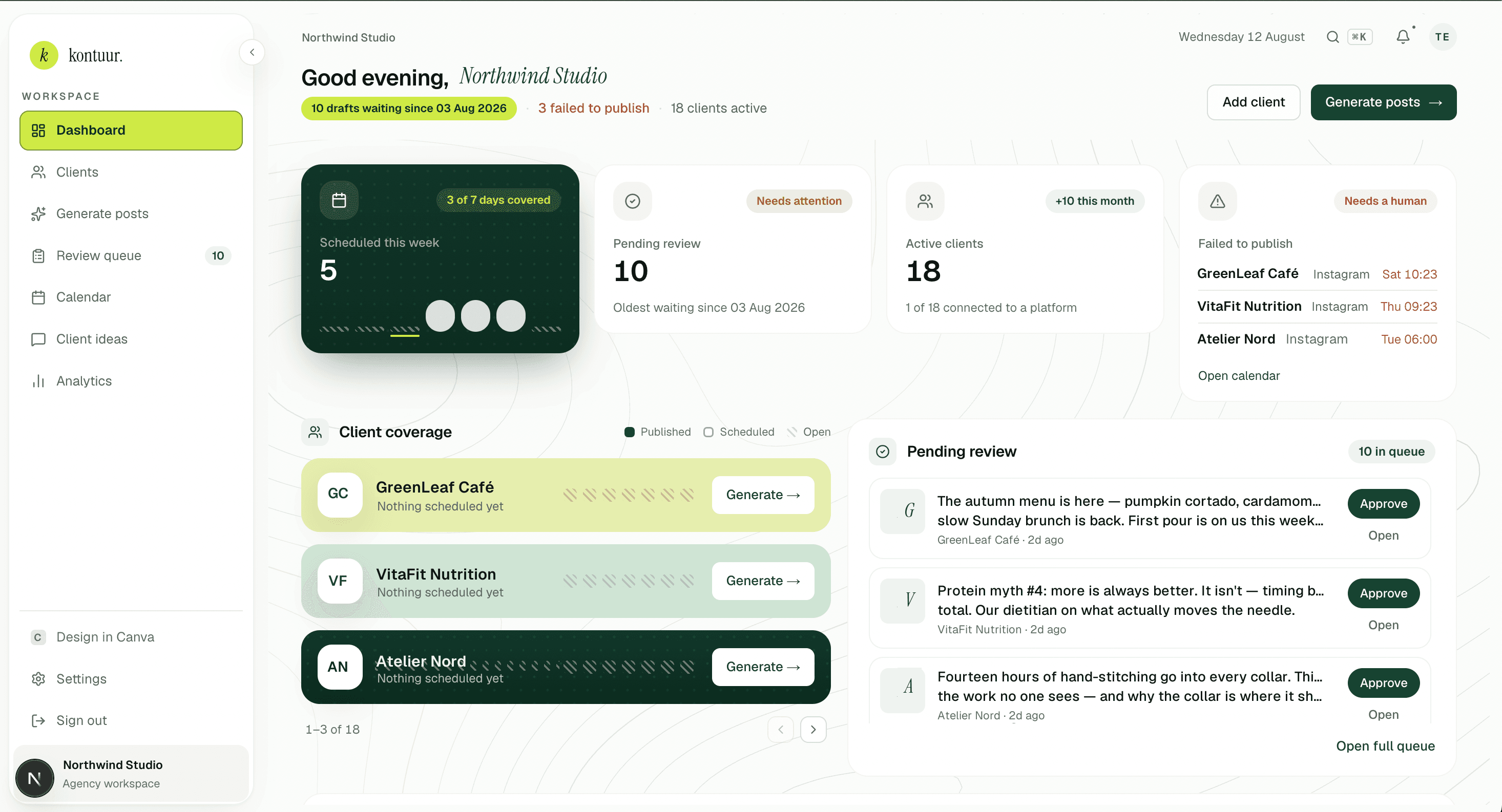 The Kontuur dashboard: this week's scheduled posts, drafts awaiting review, and every client's coverage at a glance.